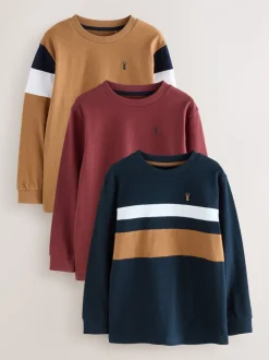 Paarsrood/bruin/marineblauw - Kleurblok T-shirts met lange mouwen 3 verpakking (3-16jr)