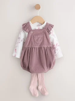 Paars/wit - Corduroy Baby Rompertje en Bodysuit met Lange mouwen en Panty's 3 -delige Set (0mnd -2jr)