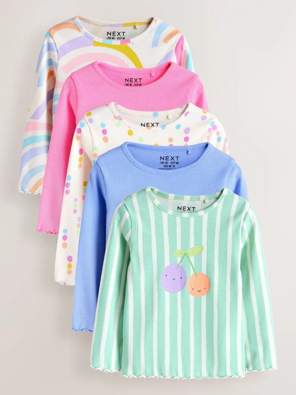 Pastelkleurige regenboogprint - Verpakking van 5 geribde tops met lange mouwen (3mnd-7jr)