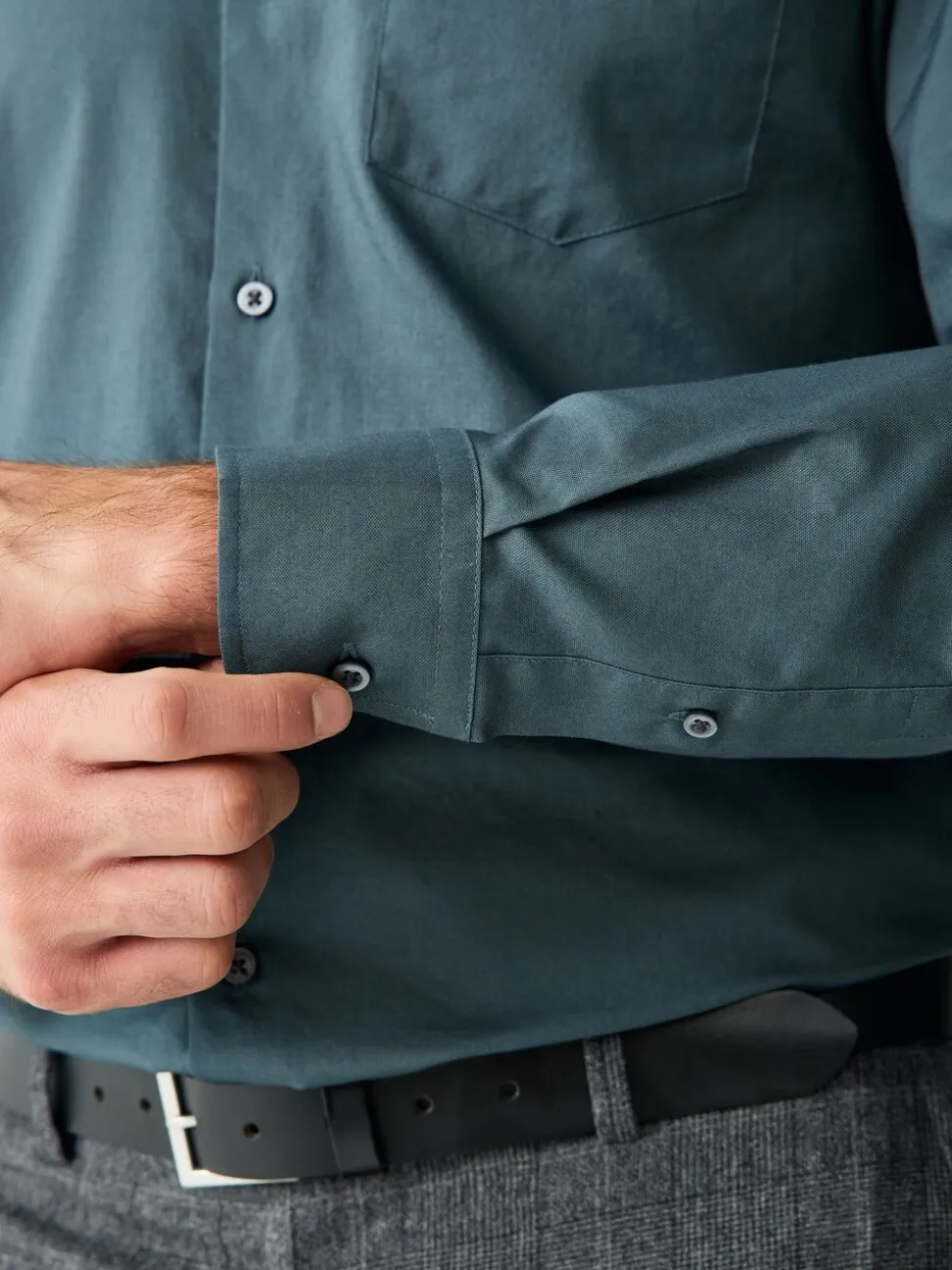 Petroliumblauw - Slim Fit - Gemakkelijk te strijken Oxford overhemd met doorlopende knopen