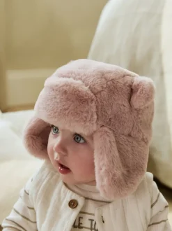 Pink Faux Fur Bear - Baby pilotenmuts (0mnd -2jr)