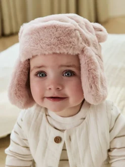 Pink Faux Fur Bear - Baby pilotenmuts (0mnd -2jr)