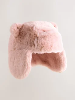 Pink Faux Fur Bear - Baby pilotenmuts (0mnd -2jr)