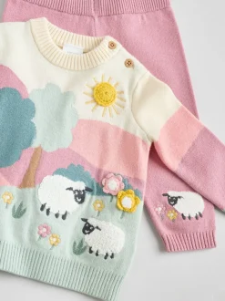 Pink Sheep Scene - Gebreide babytrui en leggings set 2 -delig (0mnd -2jr)