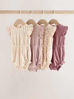 Pink Tonal Spot and Stripe - Frill Shoulder Baby Rompers 4 Pack