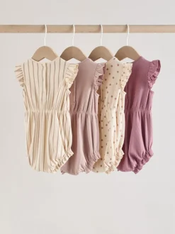Pink Tonal Spot and Stripe - Frill Shoulder Baby Rompers 4 Pack