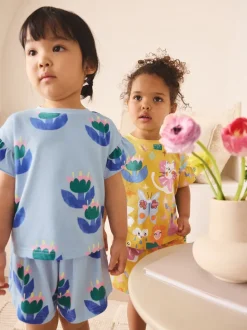 Pink/Blue Cat/Floral Print - Verpakking van 3 korte pyjama's (9mnd -12jr)