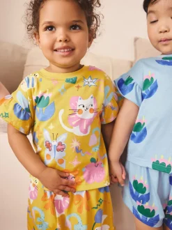 Pink/Blue Cat/Floral Print - Verpakking van 3 korte pyjama's (9mnd -12jr)