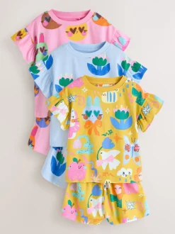 Pink/Blue Cat/Floral Print - Verpakking van 3 korte pyjama's (9mnd -12jr)
