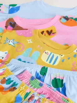 Pink/Blue Cat/Floral Print - Verpakking van 3 korte pyjama's (9mnd -12jr)