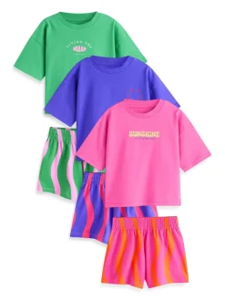 Pink/Green Bright Wavy Print - Set van 3 pyjama's met short (3-16 jr)