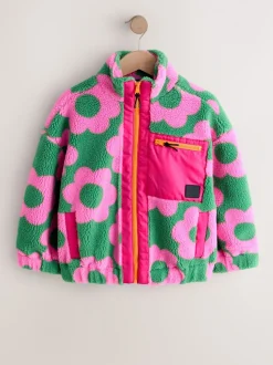 Pink/Green Flower - Zip Up Borg Jacket (3-16yrs)