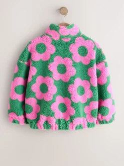 Pink/Green Flower - Zip Up Borg Jacket (3-16yrs)