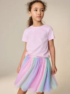 Pink/Rainbow - Pull On Mesh Skirt (3-16yrs)