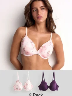 Plum Purple/Floral Print - A-E Afvlakkende Ultimate Comfort Beha's 2 Verpakking