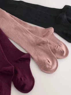 Plum Rood, Roze en Zwart - Set van 3 katoenrijke tights