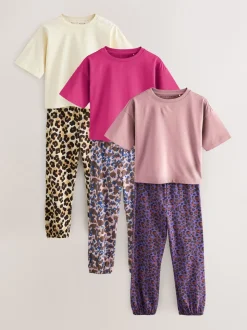 Plum/Bruin - Verpakking van 3 pyjama's met joggingbroek met dierenprint (3-16jr)