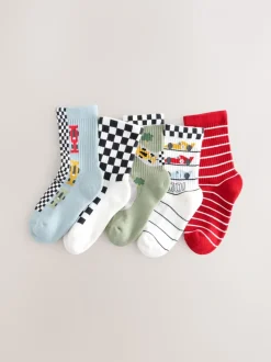 Red/White Race Cars - Set van 5 paar geribbelde sokken met verzacht voetbed en katoengehalte