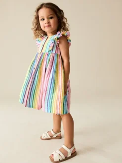 Regenboogstrepen - Double Ruffle Sleeve Dress (3mths-8yrs)