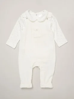 Rock-a-Bye Baby Boutique witte velours baby bretelbroeken en bodysuit set