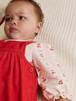 Rode strik - Set van corduroy pinafore, bodysuit met lange mouwen en maillot voor baby's (0mnd-2jr)