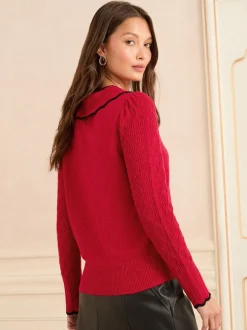 Rode strik met randcontrast - Love & Roses gebreide trui met kraag
