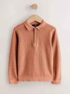 Roestbruin - Gebreid poloshirt met rits bij de hals en lange mouwen (3-16jr)