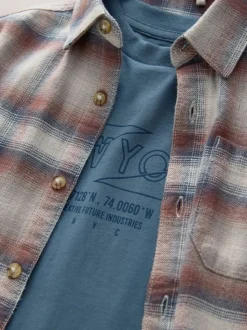Roestbruin - Set van geruit overhemd met lange mouwen en T-shirt 2 stuks (3-16jaar)