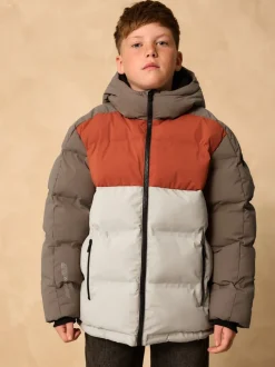 Roestbruine Kleurblokken - Regenbestendige gewatteerde jas met microfleece voering (3-17jr)