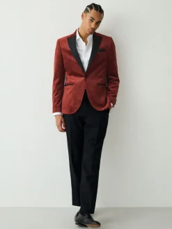 Roestkleurig met bloemenprint - Slim Fit - Fluwelen blazer met patroon