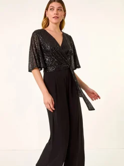 Roman Sequin Flutter Sleeve Stretch Jumpsuit
