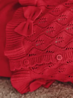 Rood - Gebreide vestset met strik en ruches (0mnd-3jr)