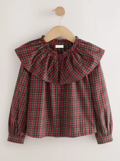Rood - Geruite blouse met ruches aan de kraag (3-16jaar)