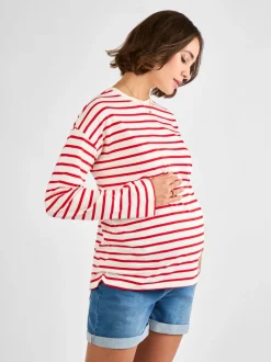 Rood - JoJo Maman Bébé Stripe Long Sleeve Boyfriend Maternity T-Shirt