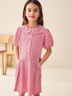 Rood - Katoenrijke, gegolfde kraag, ruitjesjurk voor school (3-14jr)