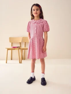 Rood - Katoenrijke, gegolfde kraag, ruitjesjurk voor school (3-14jr)
