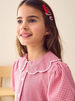 Rood - Katoenrijke, gegolfde kraag, ruitjesjurk voor school (3-14jr)