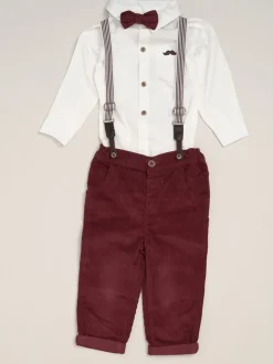Rood - Little Gent Corduroy Bow Tie Mock Shirt and Trousers With Braces Outfit Set