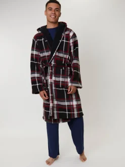 Rood - Loungeable Ruit bonded fleece gevoerde kamerjas met capuchon