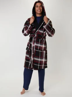 Rood - Loungeable Ruit bonded fleece gevoerde kamerjas met capuchon