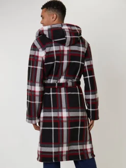 Rood - Loungeable Ruit bonded fleece gevoerde kamerjas met capuchon