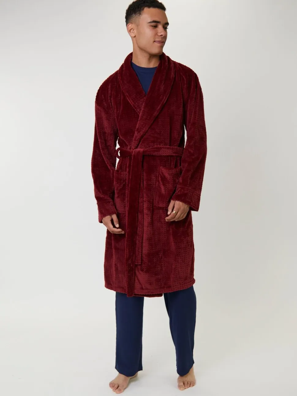 Rood - Loungeable wafelstof fleece kamerjas met sjaalkraag
