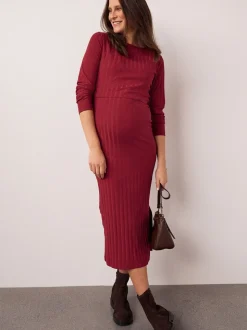 Rood - Maternity Long Sleeve Nursing Shelf Dress