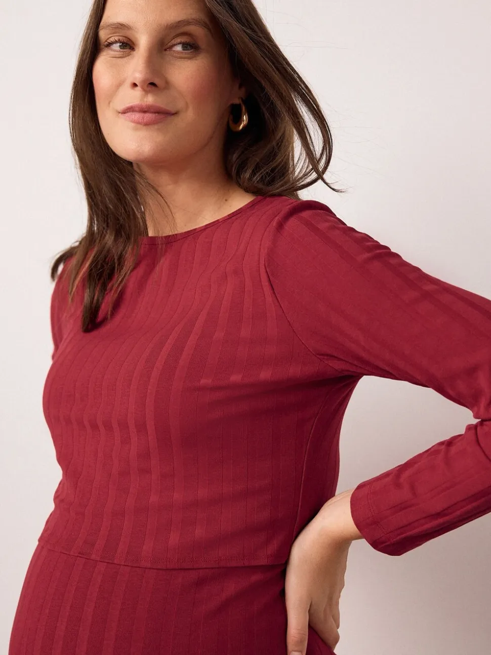Rood - Maternity Long Sleeve Nursing Shelf Dress