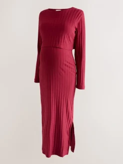 Rood - Maternity Long Sleeve Nursing Shelf Dress