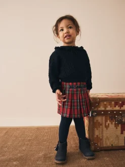 Rood - Tartan Bow Skirt with Navy Tights (3mths-7yrs)