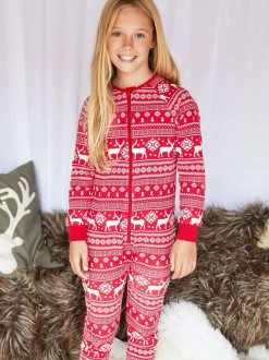 Rood - The Little Tailor Kids Rendier kerstmis fair isle-patroon 100% katoen alles-in-één