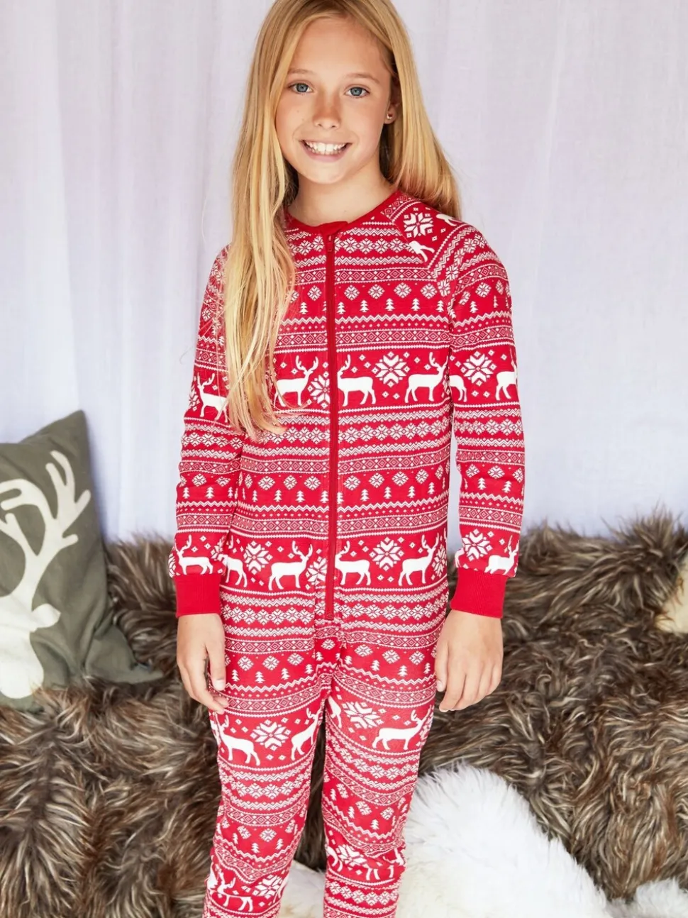 Rood - The Little Tailor Kids Rendier kerstmis fair isle-patroon 100% katoen alles-in-één