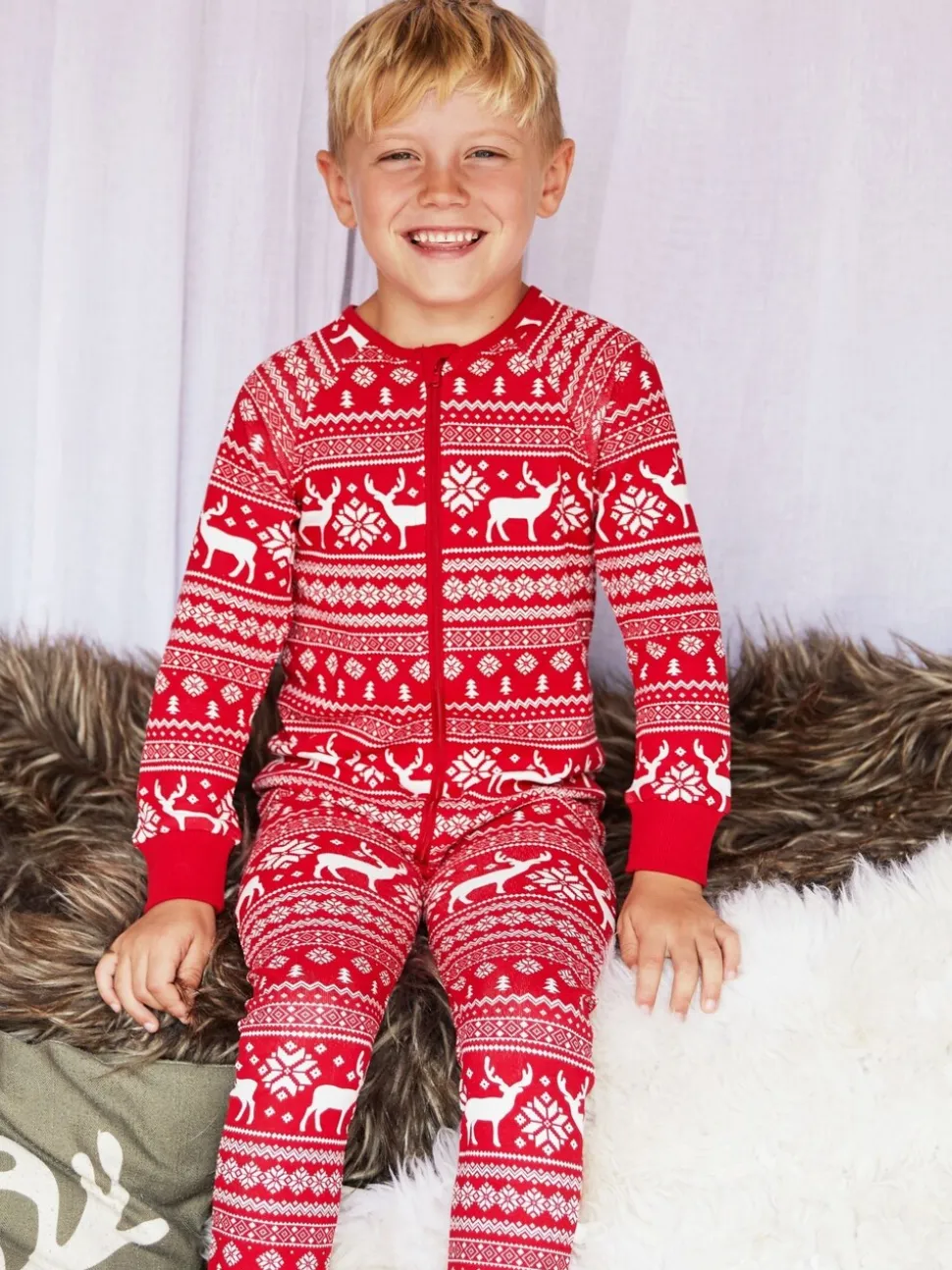 Rood - The Little Tailor Kids Rendier kerstmis fair isle-patroon 100% katoen alles-in-één