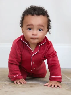 Rood - The Little Tailor luxe kerst onesie-romper van zacht velours voor baby's